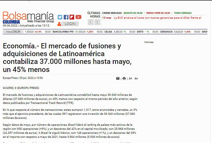 Economía.- El mercado de fusiones y adquisiciones de Latinoamérica contabiliza 37.000 millones hasta mayo, un 45% menos
